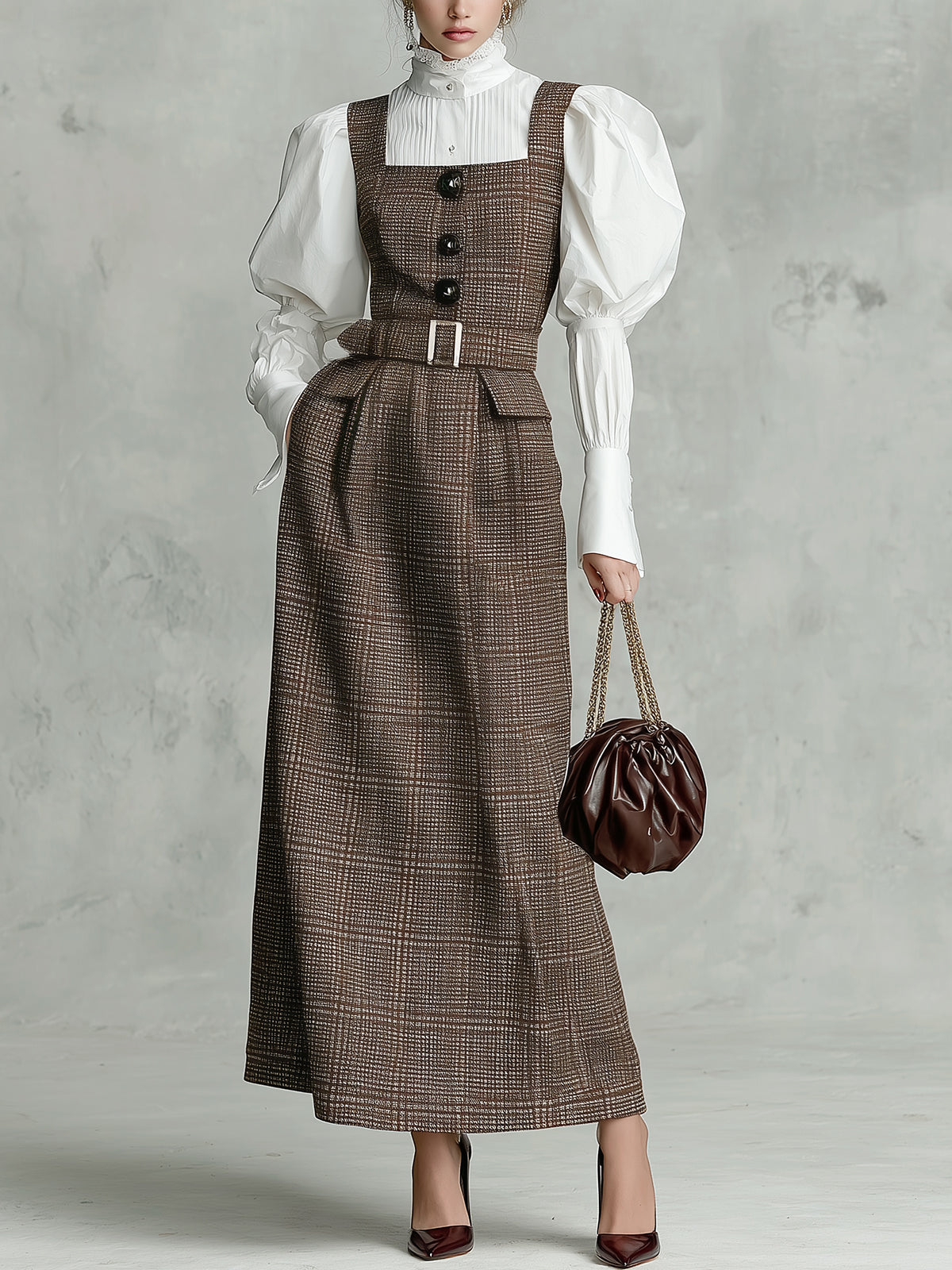 ElevenOra Chic Vintage Check Wool Blend Button-Front Belted Pocket Slim-Fit Pinafore Maxi Dress