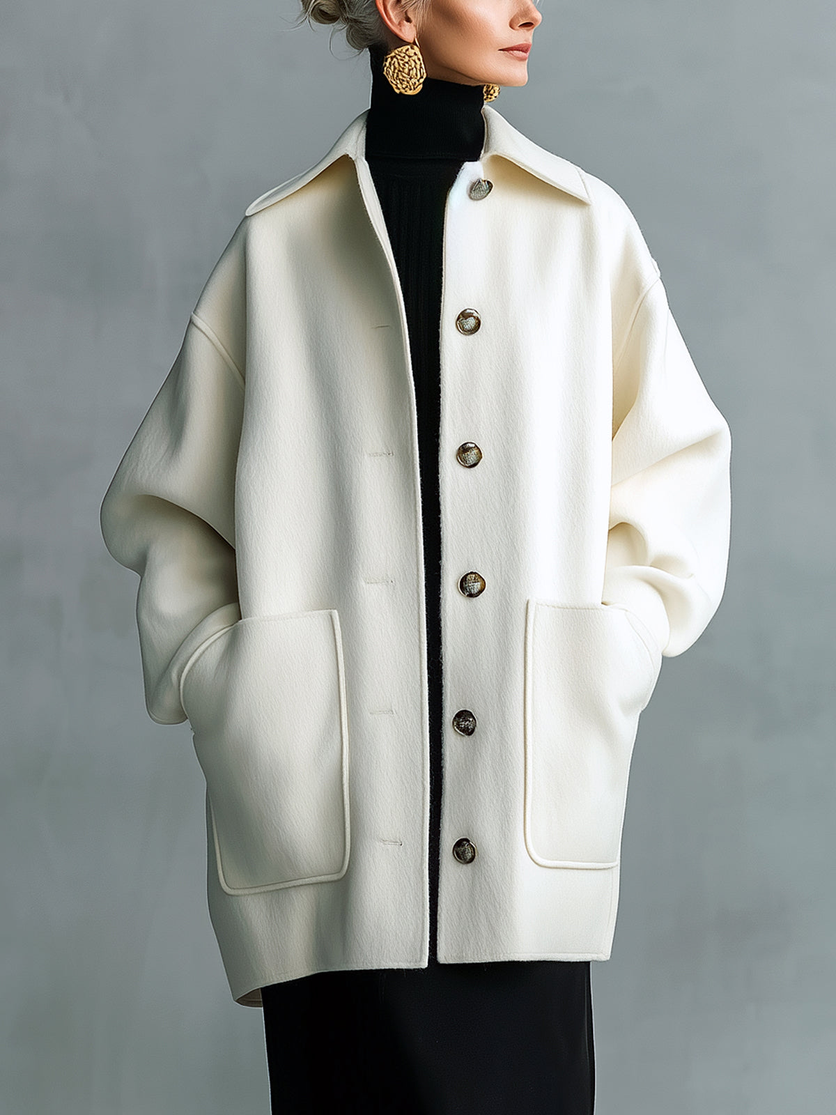 ElevenOra Chic Vintage Cream White Wool Blend Lapel Single-Breasted Large Pocket Slouchy Mid-Length Coat