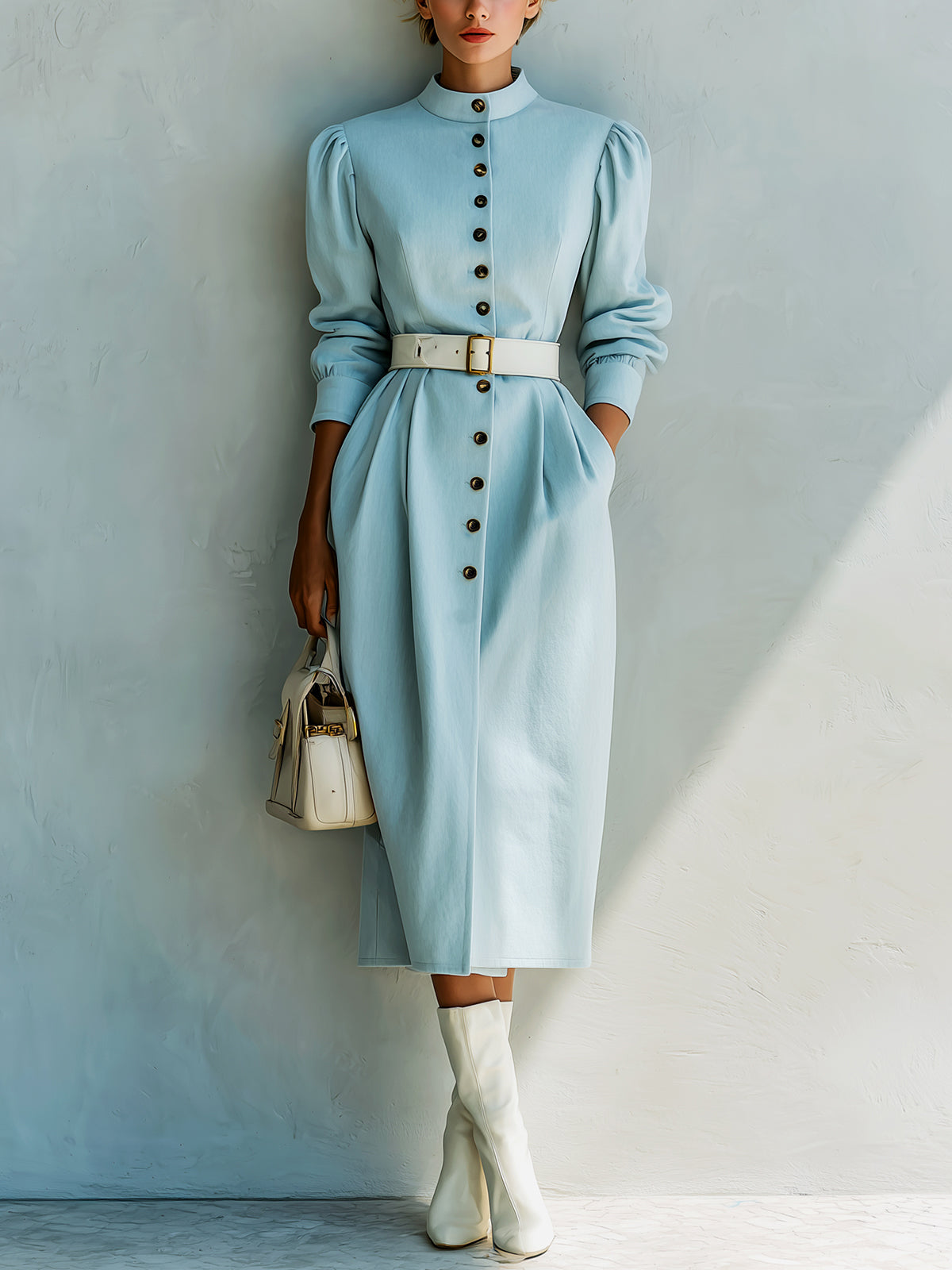 ElevenOra Casual Office Cotton Blend Stand Collar Single-Breasted Belted Long Puff Sleeve Midi Dress