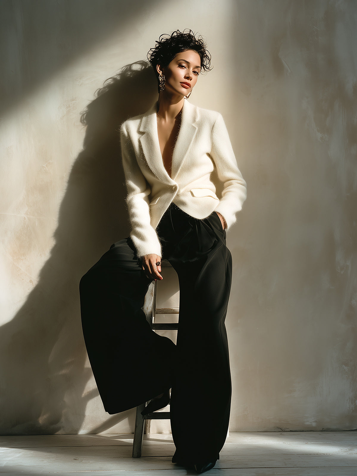 ElevenOra Chic Vintage Cream White Peaked Collar Single-Breasted Slim-Fit Fuzzy Knit Blazer