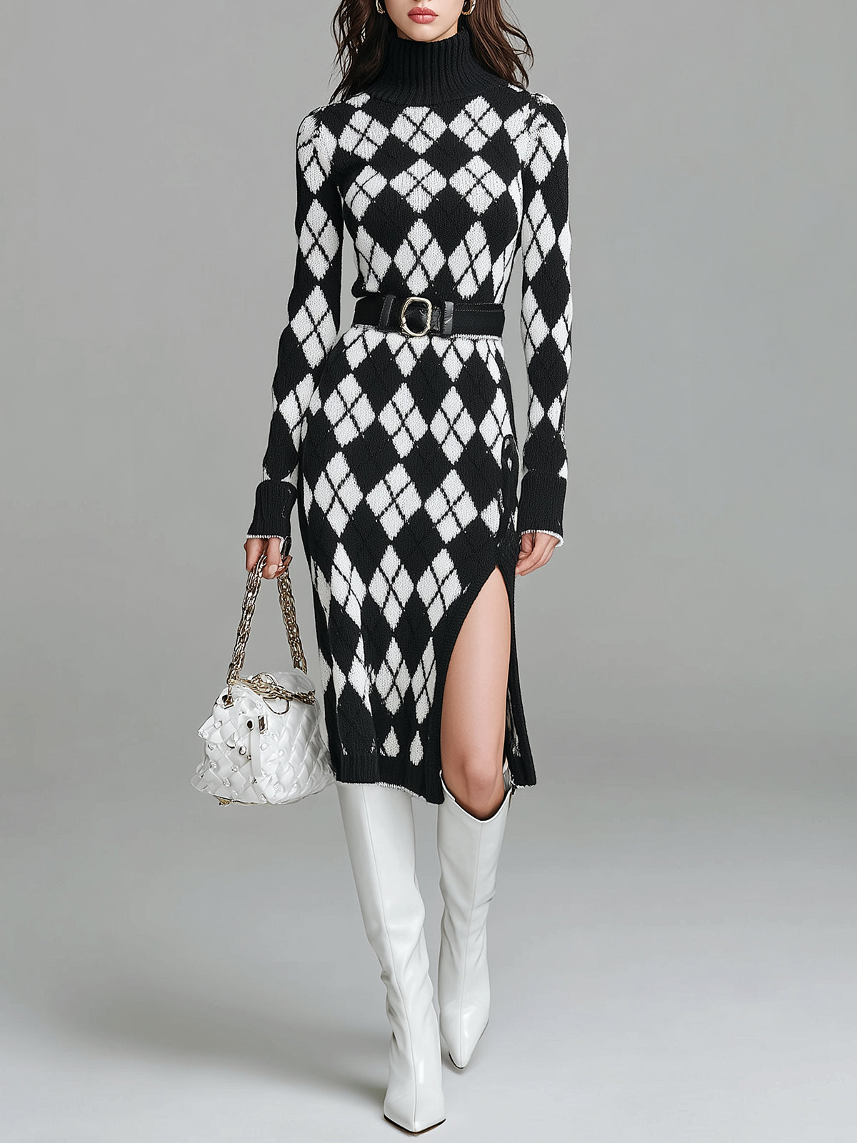 ElevenOra Chic Vintage Turtleneck Belted Long Sleeve Side Slit Contrast Argyle Pattern Knit Bodycon Midi Dress