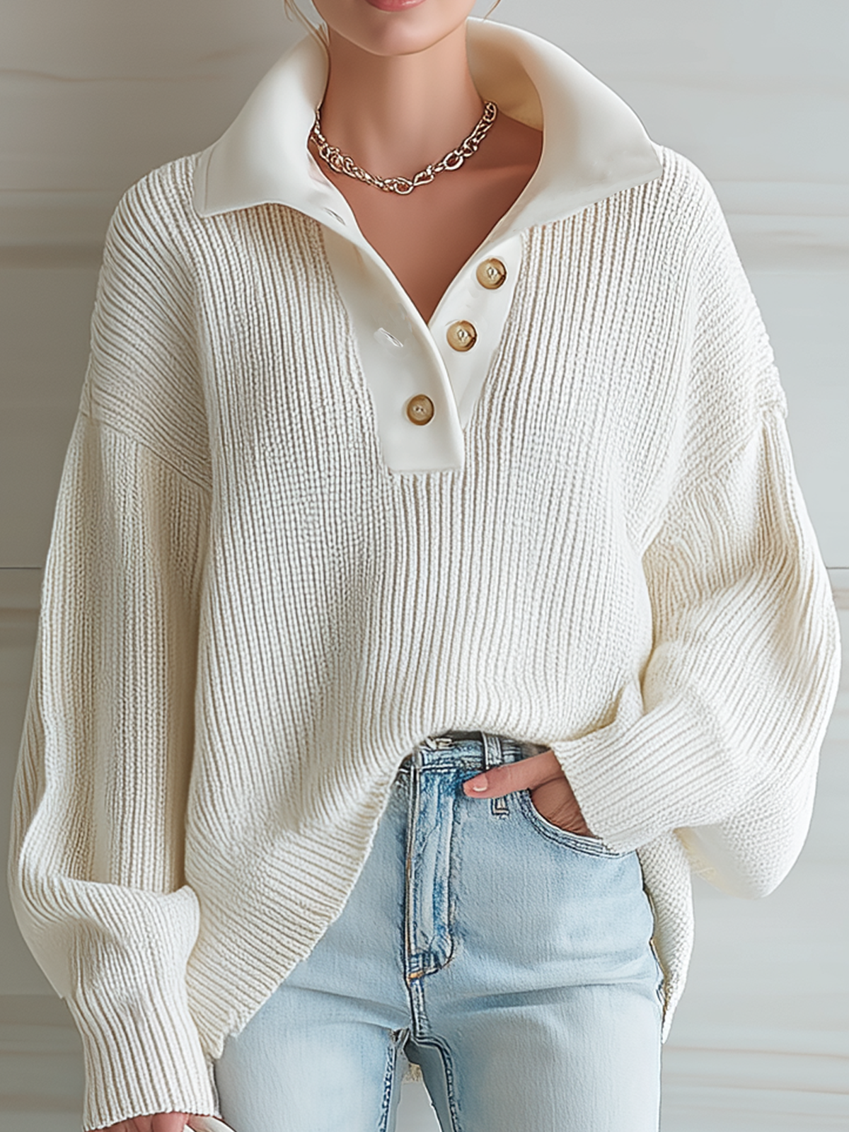 ElevenOra Chic Casual White Polo Collar Botton Loose Long-sleeved Knit Pullover Sweater