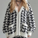 ElevenOra Casual Chic Contrast Houndstooth V-neck Single-breasted Oversized Long Sleeve Knit Cardigan