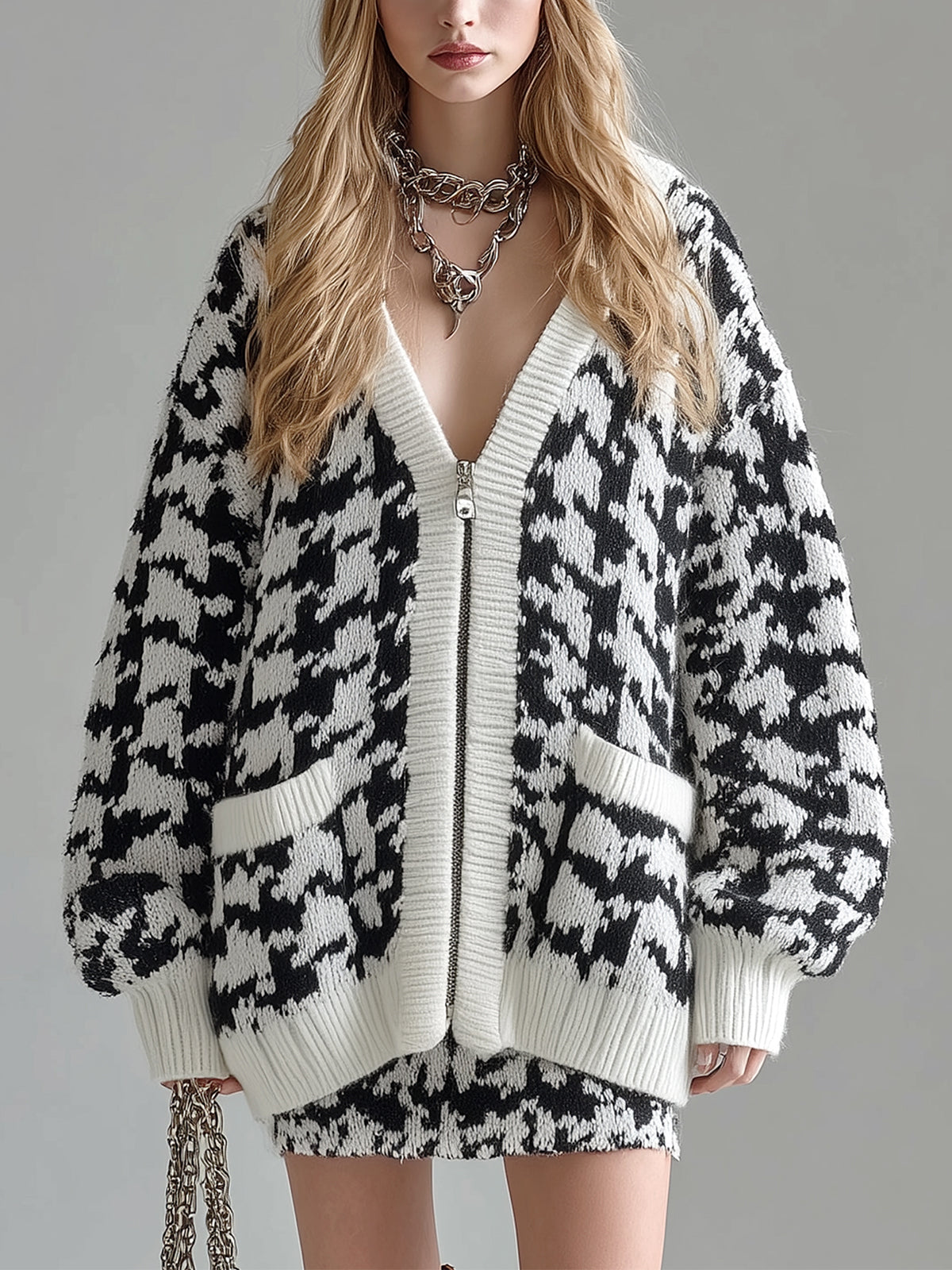 ElevenOra Casual Chic Contrast Houndstooth V-neck Single-breasted Oversized Long Sleeve Knit Cardigan