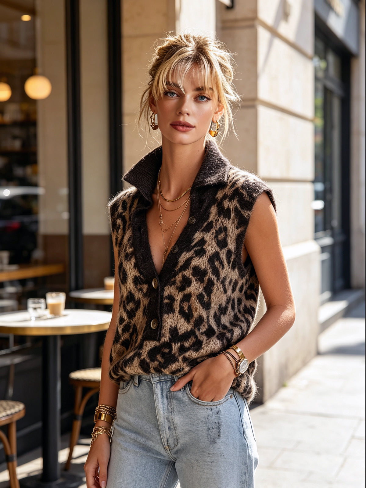 ElevenOra Chic Elegant Coffee-Camel Colorblock Leopard Jacquard Button-Up Lapel Collar Sleeveless Loose-Fit Knit Vest Top