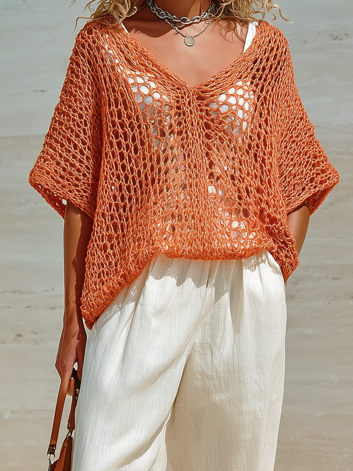 ElevenOra  Chic Elegant Coral Orange V-Neck Short-Sleeve Loose Hollow Out Knit Sweater Top Cotton-Linen Wide-Let Pants Two-Piece