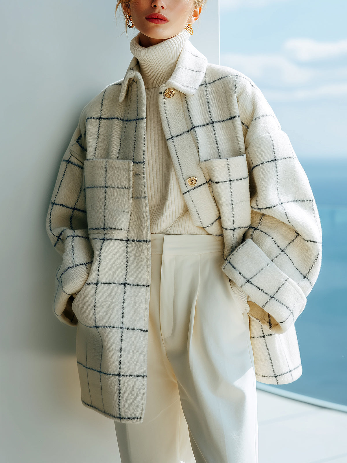 ElevenOra Chic Vintage Contrast Plaid Wool Blend Lapel Single Breasted Patch Pocket Slouchy Mid-length Jacket