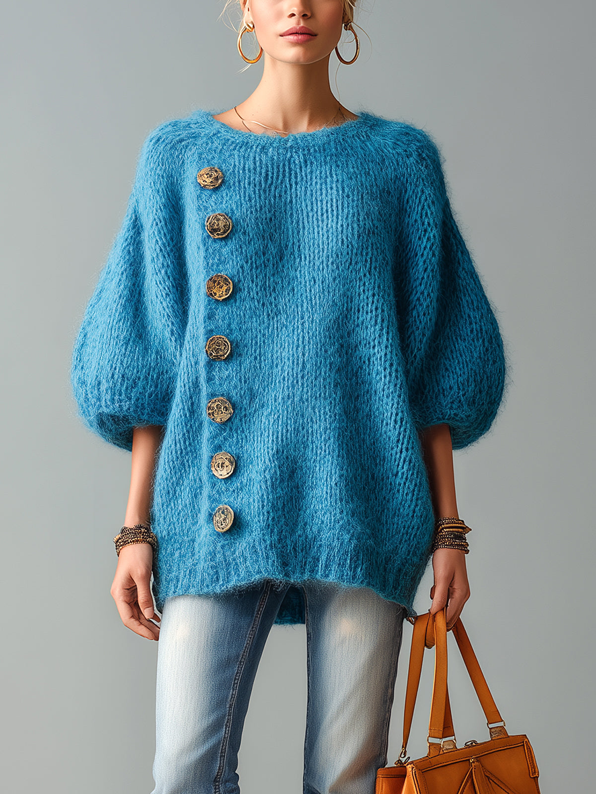 ElevenOra Chic Casual Turquoise Round Neck Button Details Short Puff Sleeve Fuzzy Knit Sweater Top