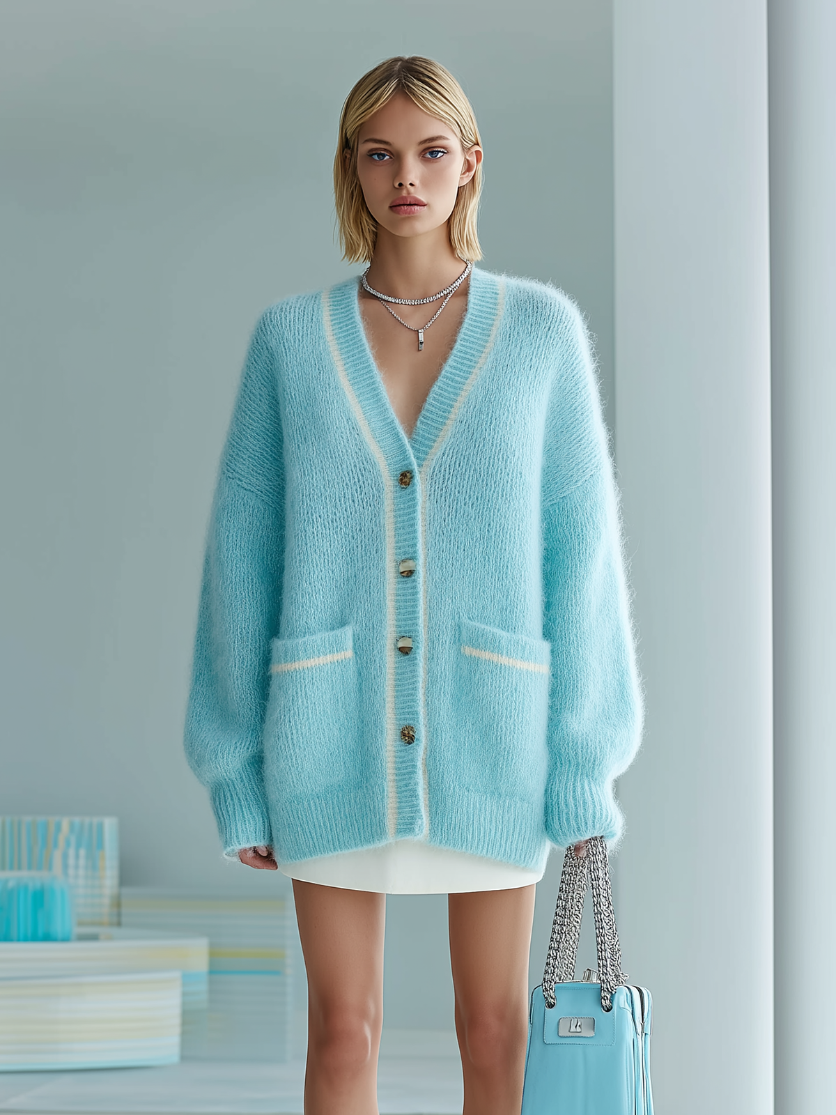 ElevenOra Chic Casual Blue  V-Collar Long-sleeved Button Patch Pocket Contrast Trim Details Oversized Mohair Knit Cardigan
