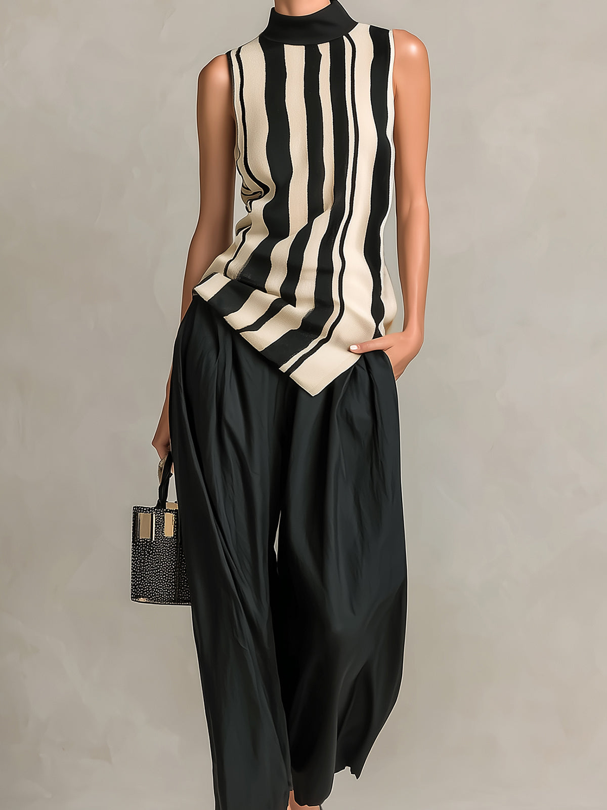ElevenOra Chic Elegant Black-Beige Stripes Mock-Neck Sleeveless Knit Vest Top Black Cotton Blend Wide-Leg Cropped Pants Two-Piece Set