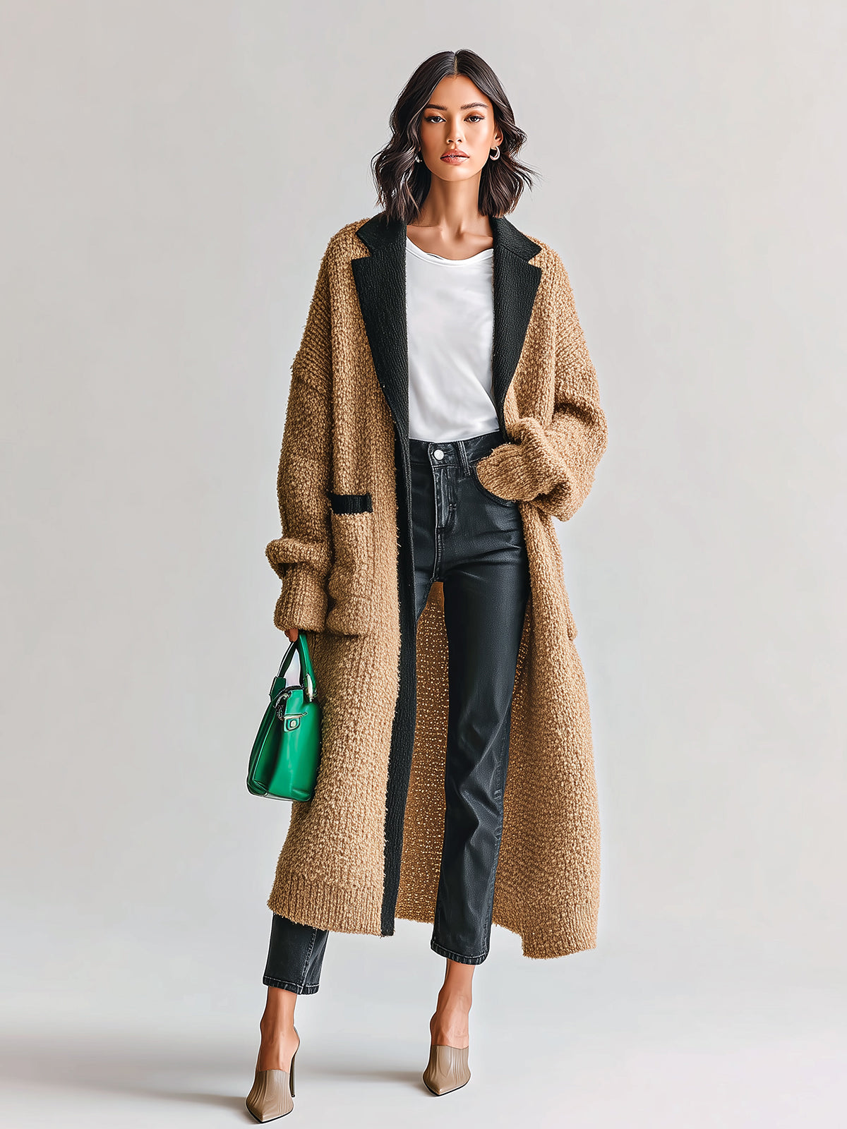 ElevenOra Chic Vintage Camel Black Colorblcok Notched Collar Single-breasted Long Sleeve Patch Pocket Knit Long Cardigan