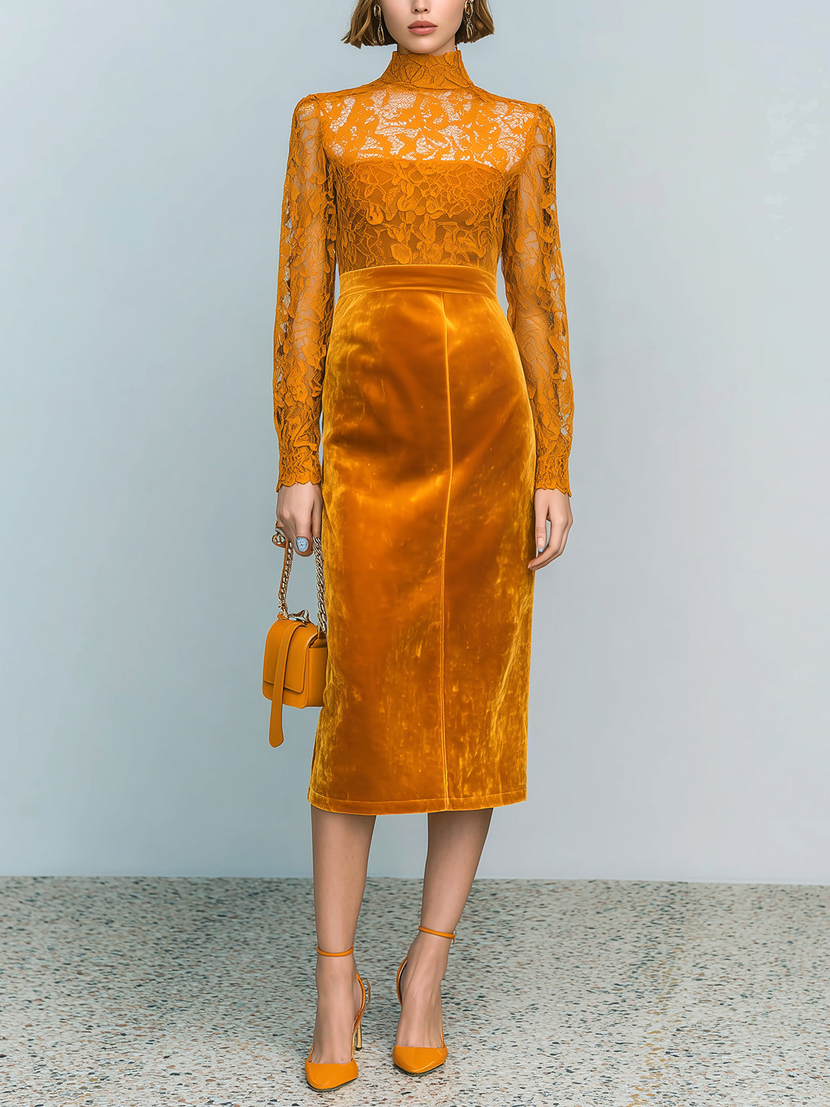 ElevenOra Vintage Elegant Orange Lace Velvet Patchwork Turtle Neck Tailored Waist Long Sleeve Midi Dress