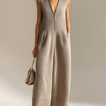 ElevenOra Chic Elegant Camel Deep V-Neck Zipper-Front Sleeveless Oversize Ribbed Knit Jumpsuit