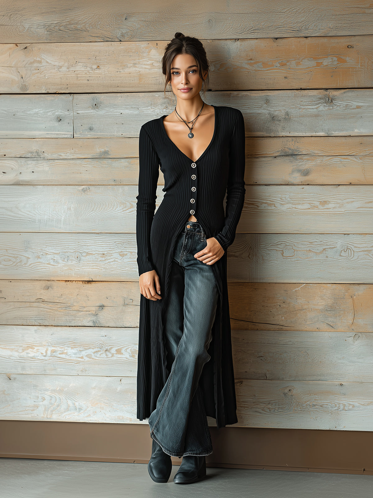 ElevenOra Chic Vintage Black V-Neck Long-Sleeve Single-Breasted Slim-Fit Ribbed Knit Maxi Cardigan