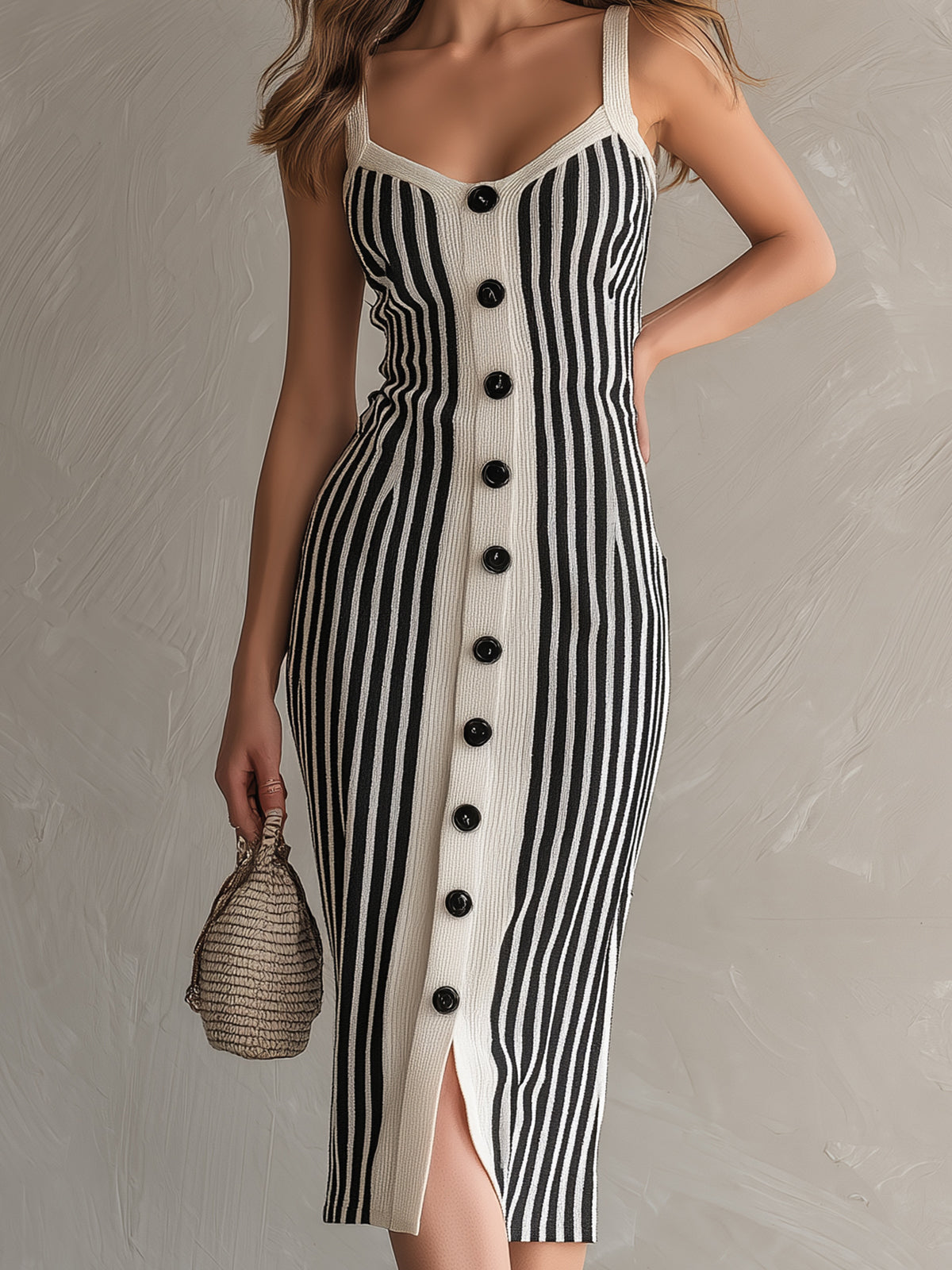 ElevenOra Chic Elegant Cream White-Black Stripes Square Neck Sleeveless Button-Front Slim-Fit Knit Midi Dress