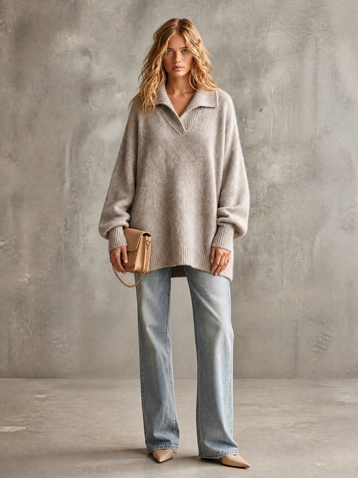 ElevenOra Chic Elegant Beige Gray Lapel V-Neck Dropped-Shoulder Long-Lantern-Sleeve Oversized Wool Blend Knit Sweater