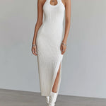 ElevenOra Chic Elegant Cream White Mock Neck Cutout Details Sleeveless Slim-Fit Ribbed Knit Bodycon Midi Dress