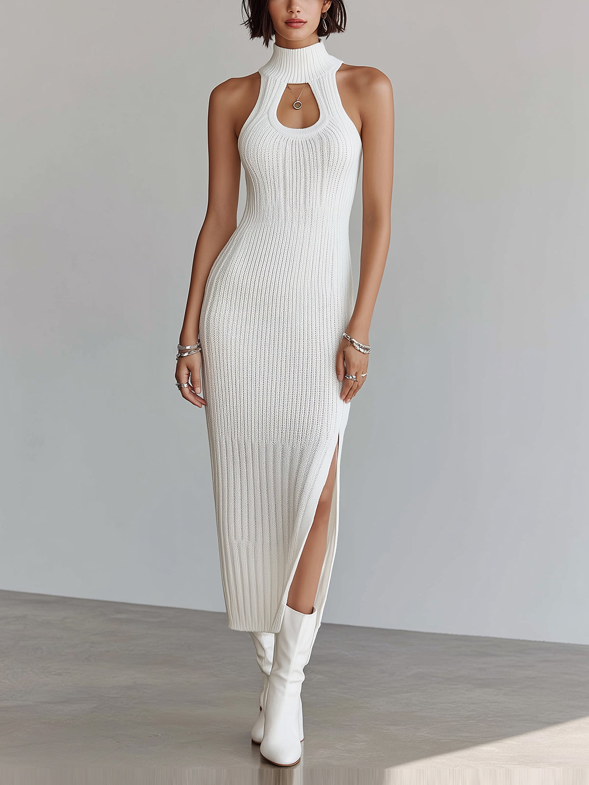 ElevenOra Chic Elegant Cream White Mock Neck Cutout Details Sleeveless Slim-Fit Ribbed Knit Bodycon Midi Dress