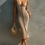 ElevenOra Chic Elegant Beige V-Neck Sleeveless Slim-Fit Red Trim Detail Ribbed Knit Bodycon Midi Dress