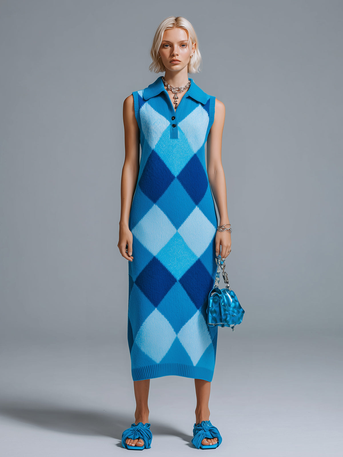 ElevenOra Chic Elegant Blue Colorblock Argyle Pattern Lapel V-Neck Sleeveless Loose-Fit Ribbed Knit Maxi Dress