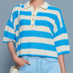 ElevenOra Chic Casual Blue White Stripes Button-Up Lapel Collar Short-Sleeve Loose-Fit Knit Cropped Sweater Top