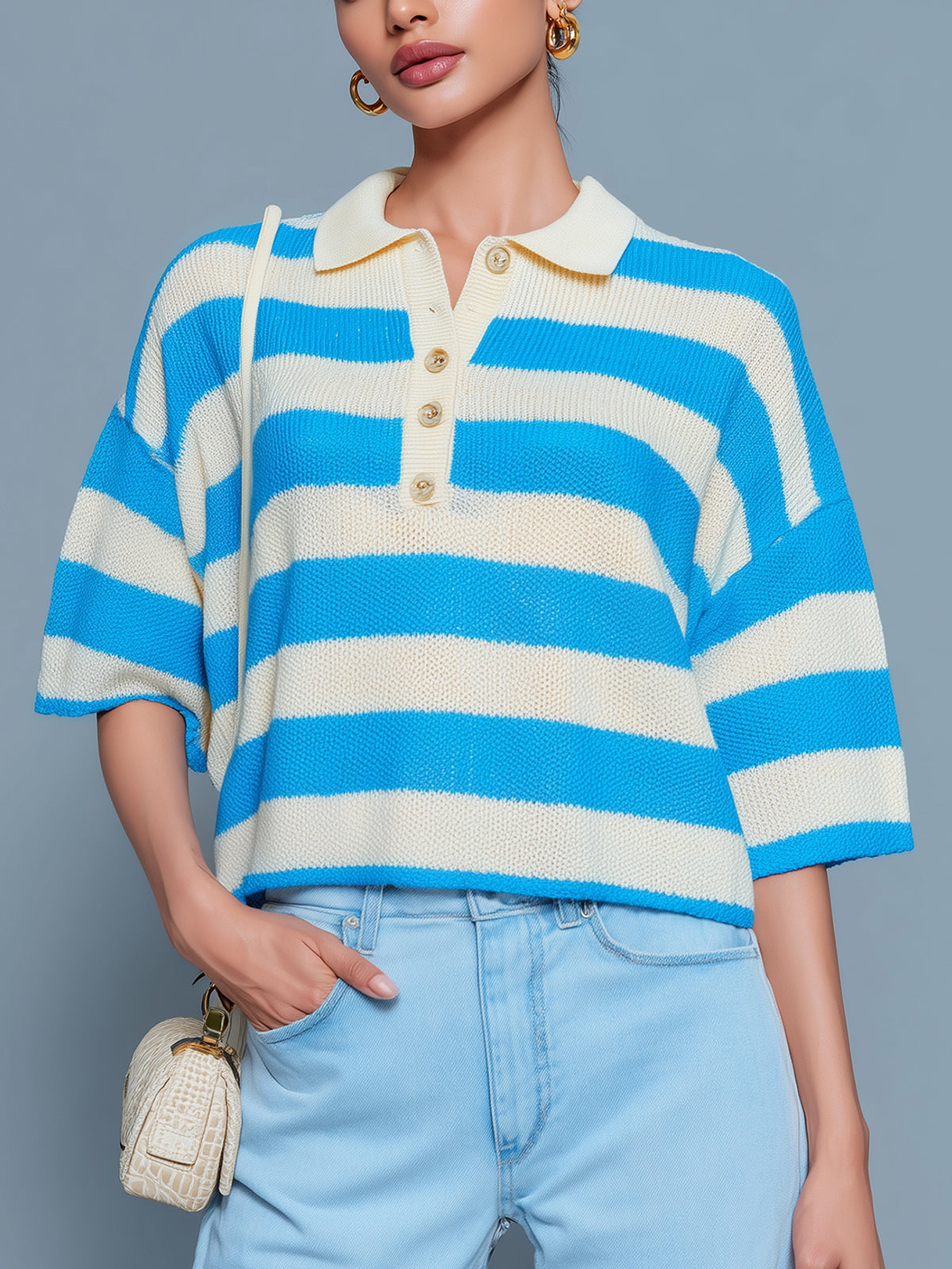 ElevenOra Chic Casual Blue White Stripes Button-Up Lapel Collar Short-Sleeve Loose-Fit Knit Cropped Sweater Top