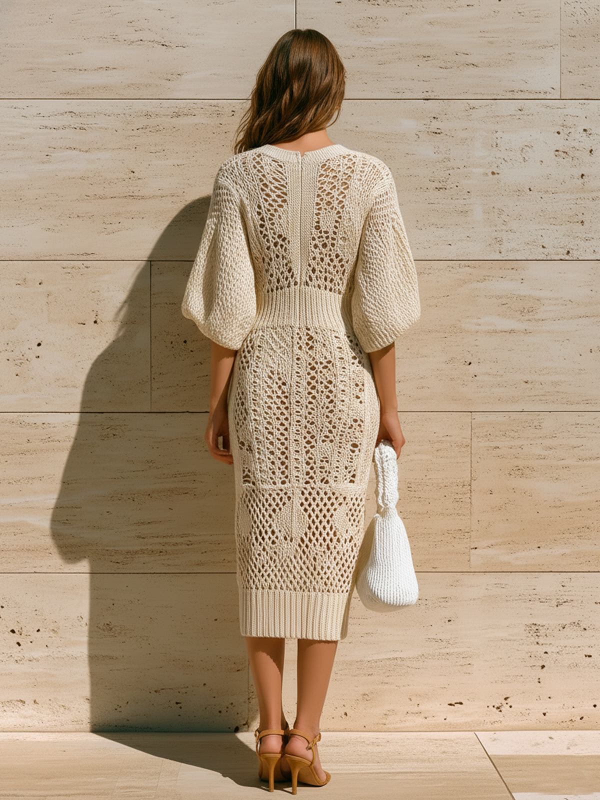 ElevenOra Chic Elegant Beige V-Neck Lantern Sleeve Slim Fit Hollow Knit Midi Dress