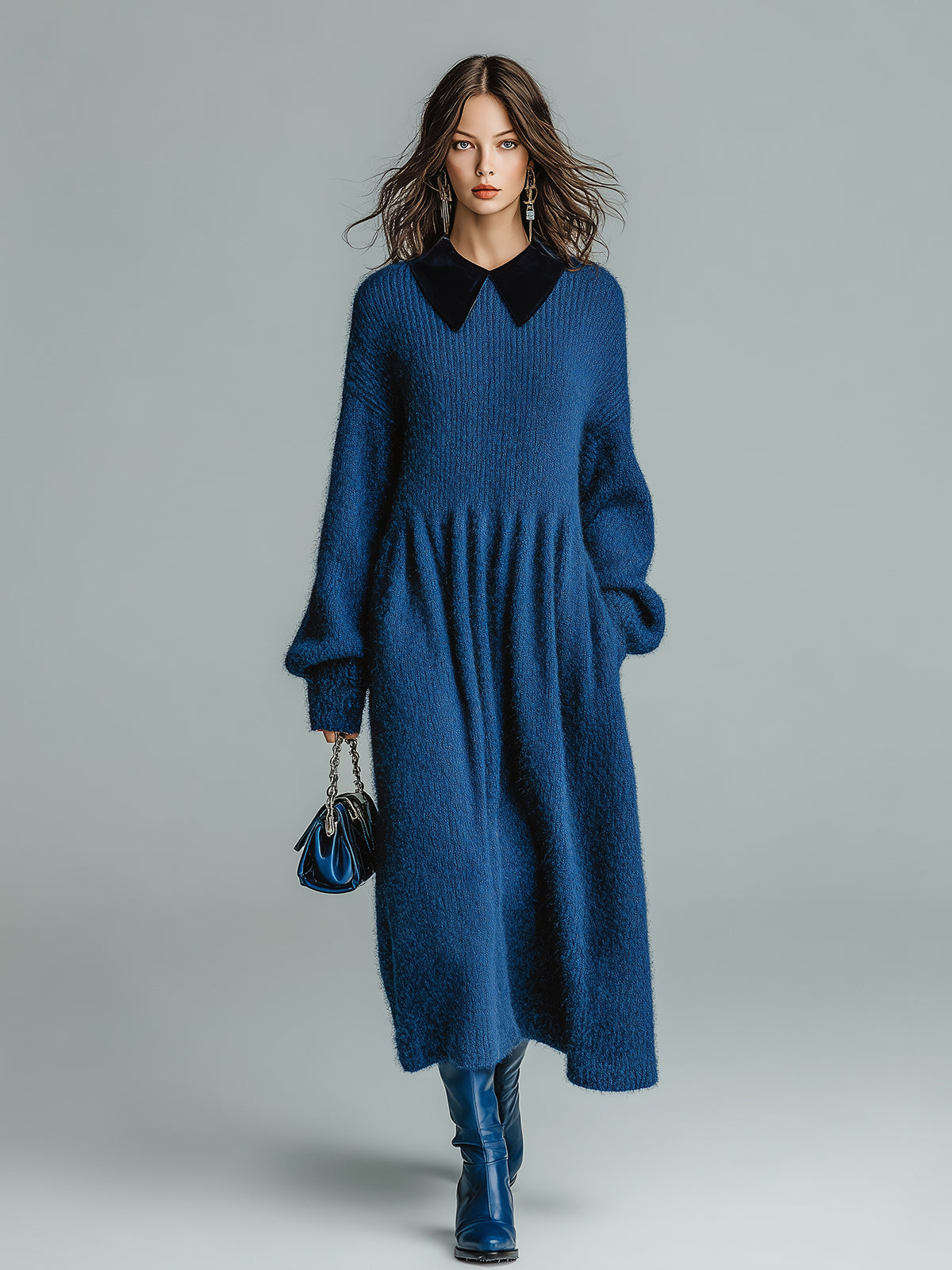 ElevenOra Chic Vintage Royal Blue Contrast Lapel Neck Long Sleeve Pleated Waist Oversized Knit Maxi Dress