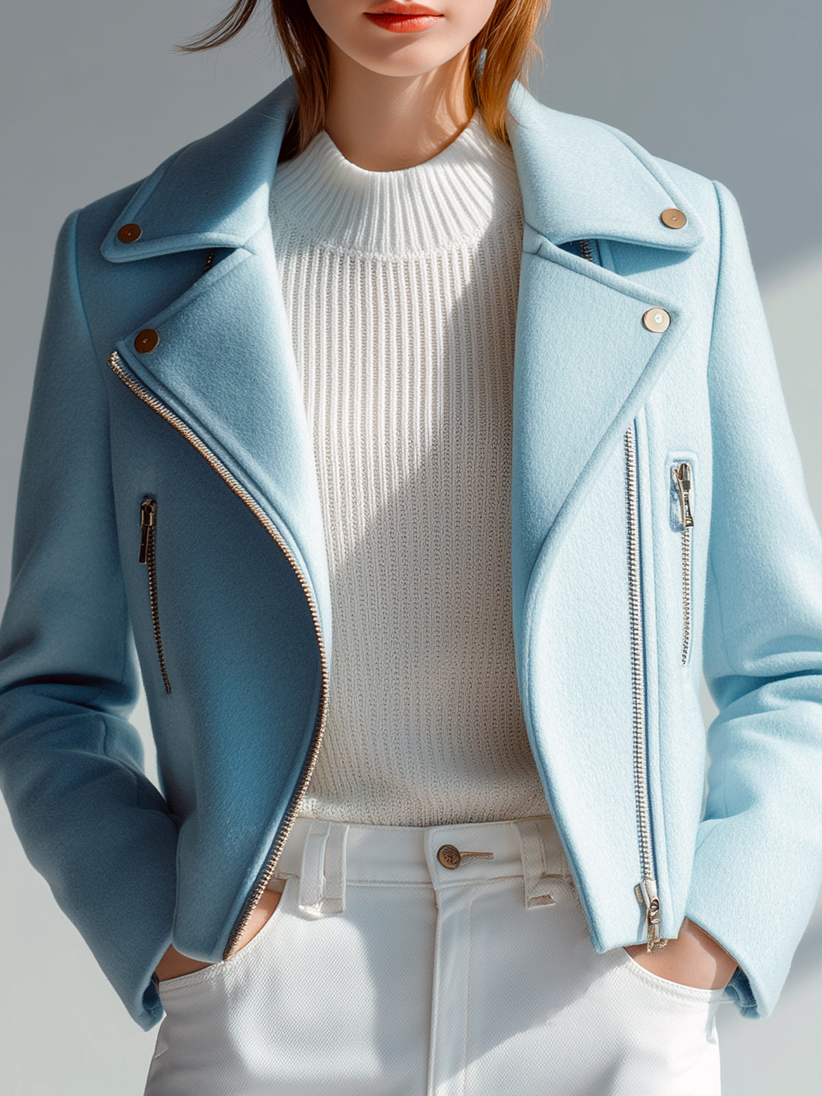 ElevenOra Chic Casual Light Blue Wool Blend Lapel Metal Zip Short Biker Style Jacket