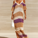 ElevenOra Chic Casual Colorful Striped Off-Shoulder V-Neck Short-Sleeve Loose Side Slit Ribbed Knit Maxi Dress