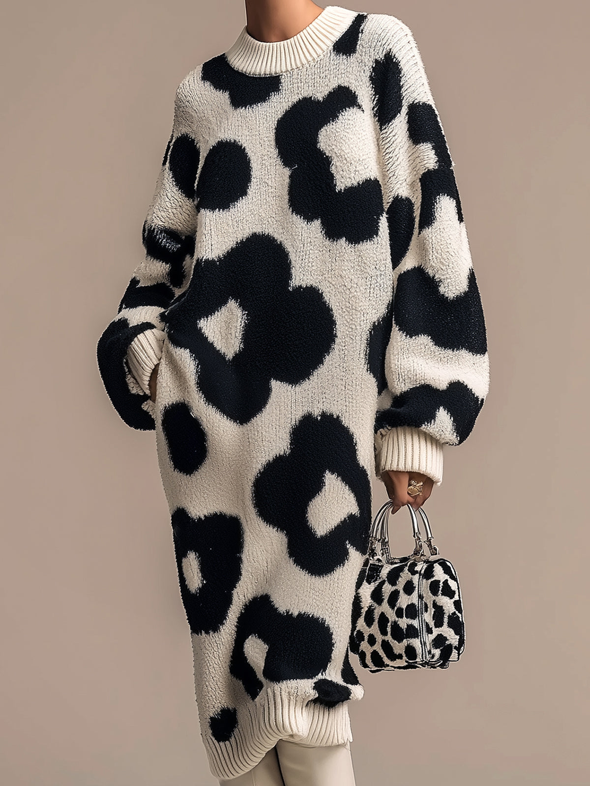 ElevenOra Chic Elegant Contrast Floral Jacquard Round Neck Long Sleeve Oversized Knit Midi Dress