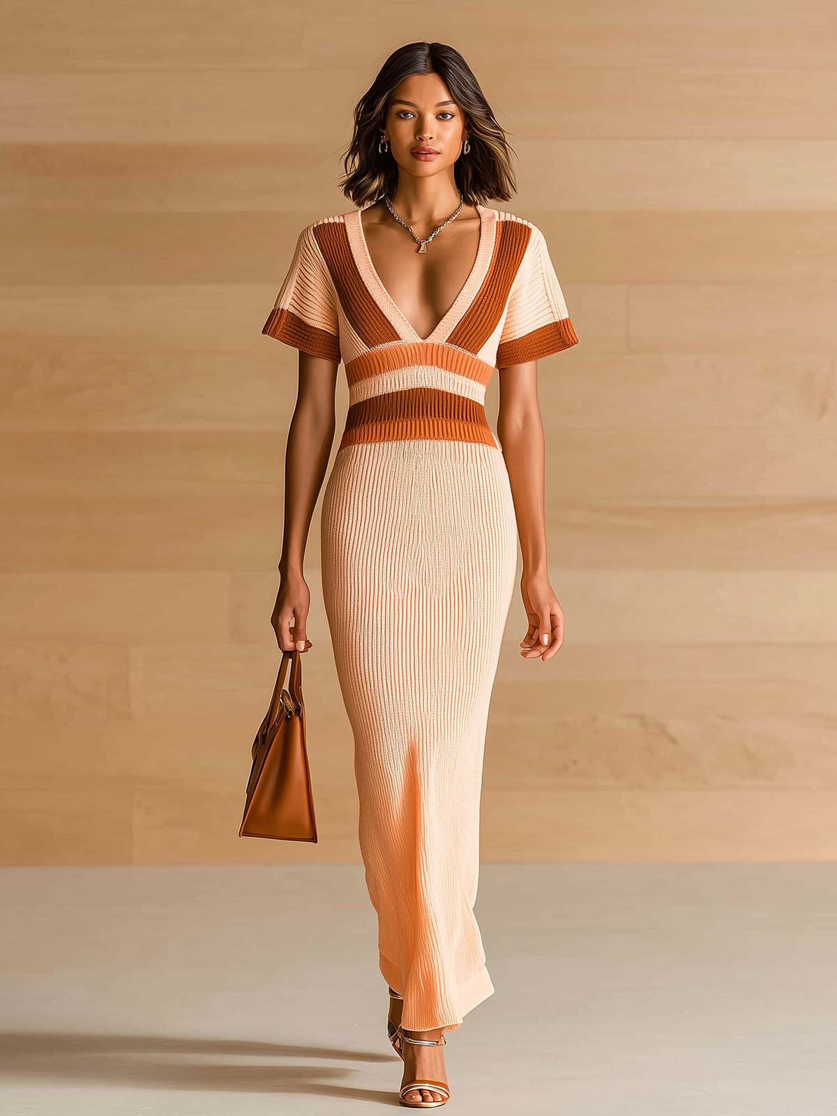 ElevenOra Stylish Elegant Peach Colorblock V-Neck Short-Sleeve Slim-Fit Ribbed Knit Maxi Dress