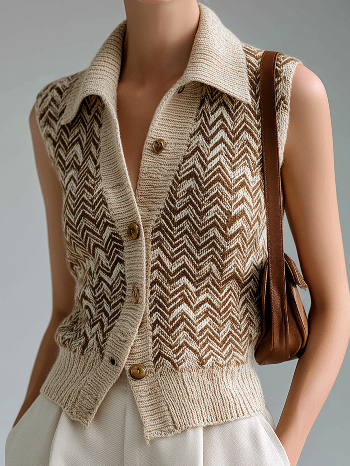 ElevenOra Fashion Casual Beige Lapel Herringbone Jacquard Button-Up Loose Sleeveless Cardigan Knit Vest