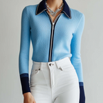 ElevenOra Chic Casual Blue Lapel Zipper-Front Long-Sleeve Slim-Fit Knit Cardigan