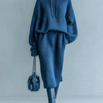 ElevenOra Chic Cozy Dark Blue Oversized Long Sleeve Hooded Sweater Elastic Waist Midi Skirt Knit Two-Piece Set