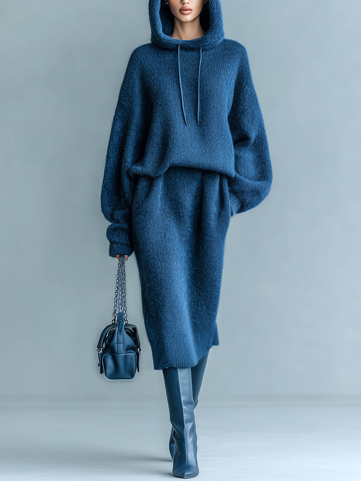 ElevenOra Chic Cozy Dark Blue Oversized Long Sleeve Hooded Sweater Elastic Waist Midi Skirt Knit Two-Piece Set