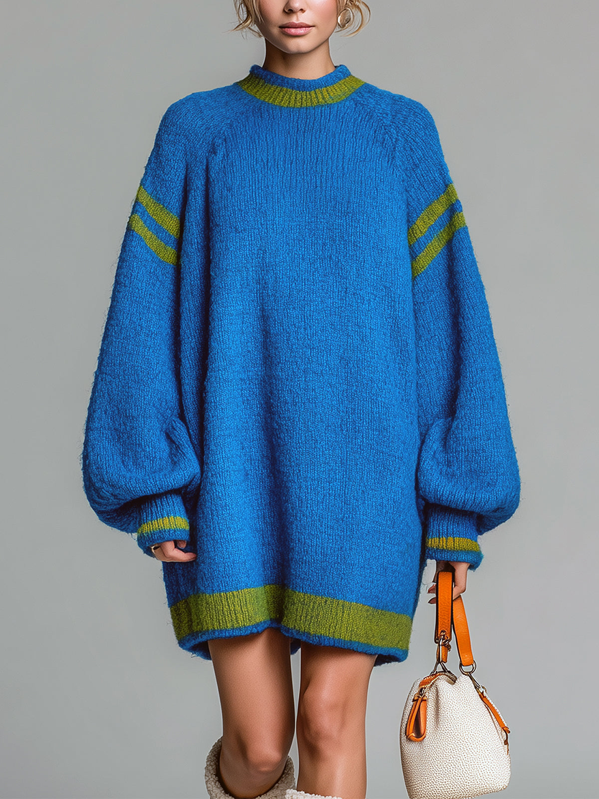 ElevenOra Chic Casual Contrast Color Mock Neck Puff Sleeve Oversized Knit Mini Dress