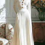 ElevenOra Stylish Lapel Single-Breasted Slim-Fit Knit Sweater With Pleated Maxi Skirt Two-Piece Set