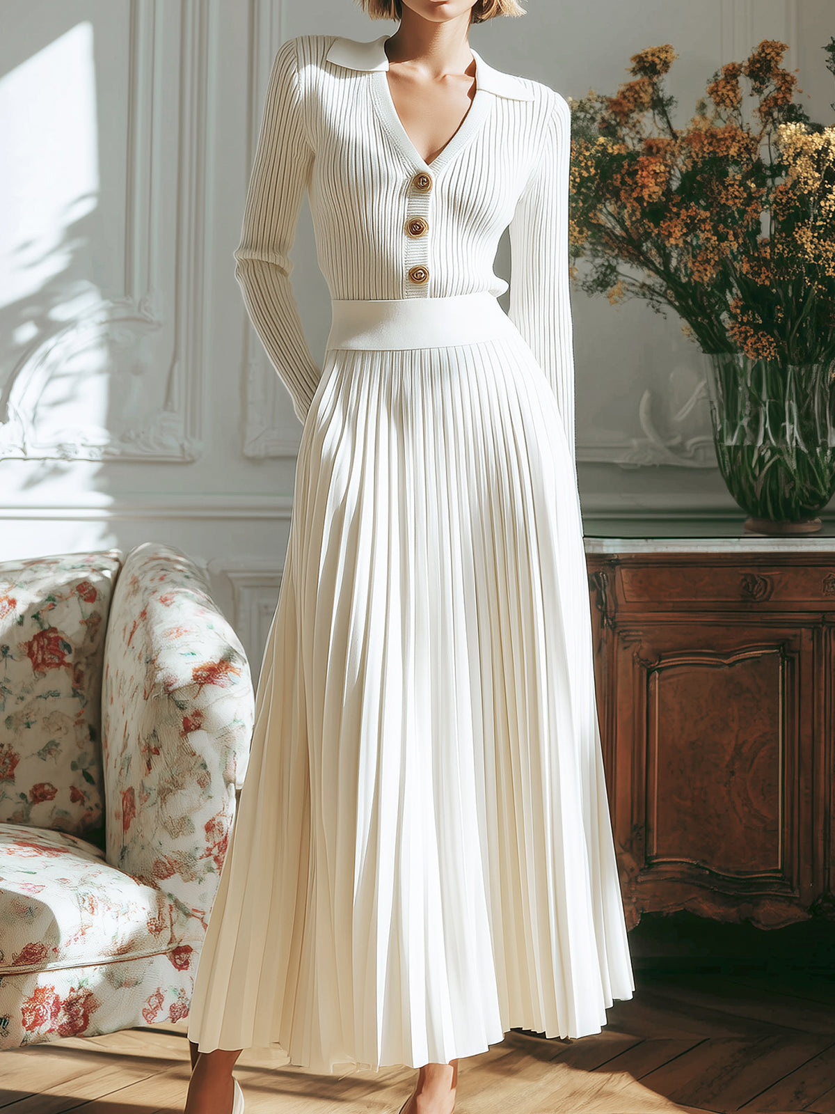 ElevenOra Stylish Lapel Single-Breasted Slim-Fit Knit Sweater With Pleated Maxi Skirt Two-Piece Set