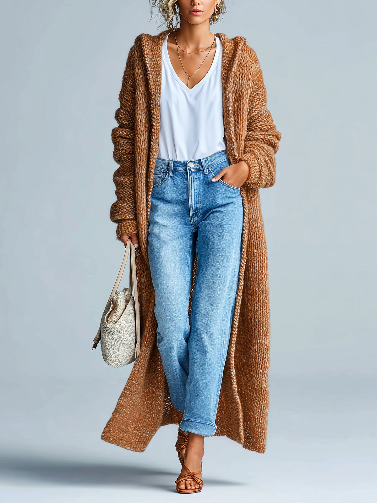 ElevenOra Chic Vintage Brown Hooded Maxi-Length Slouchy Textured Knit Cardigan