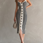 ElevenOra Chic Elegant Cream White-Black Stripes Square Neck Sleeveless Button-Front Slim-Fit Knit Midi Dress