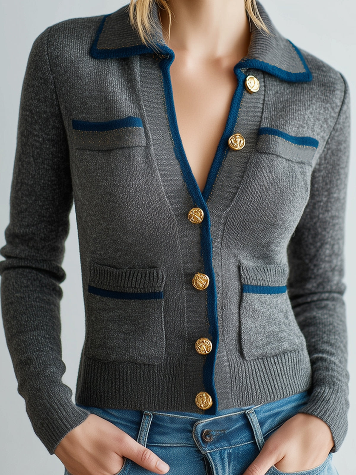 ElevenOra Chic Casual Gray Lapel Single-Breasted Patch Pocket Contrast Trim Long Sleeve Slim Fit Knit Cropped Cardigan