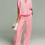 ElevenOra Fashion Casual Pink Stand-Collar Zip-Up Short-Sleeve Loose Sweater Wide-Leg Pants Knit Two-Piece Set