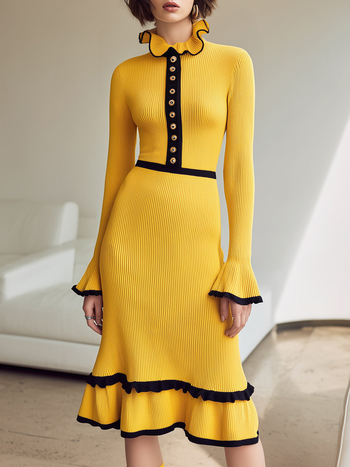 ElevenOra Vintage Contrast Color Ruffled Collar Button Detail Long Ruffled Sleeve Slim Knit Ruffled Hem Midi Dress