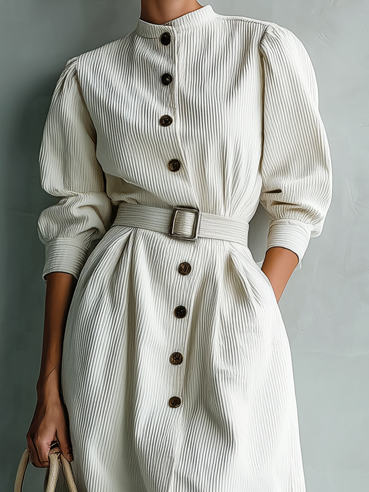 ElevenOra Casual Office White Corduroy Round Neck Single-Breasted Belted Long Sleeve Midi Dress