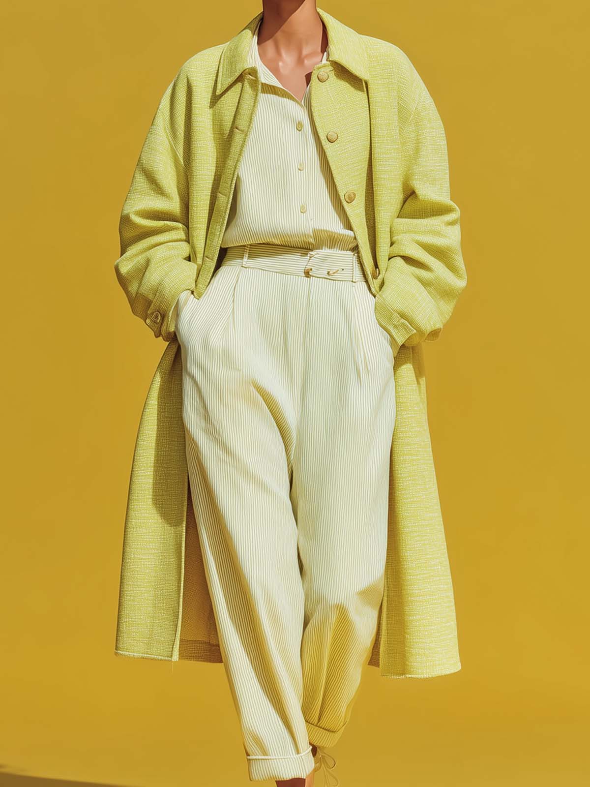 ElevenOra Chic Casual Yellow Cotton Blend Tweed Lapel Single-Breasted Oversized Long Coat