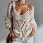 ElevenOra Chic Casual Beige Deep V-Neck Long-Sleeve Loose-Fit Hollow-Out Ripped Knit Sweater Top