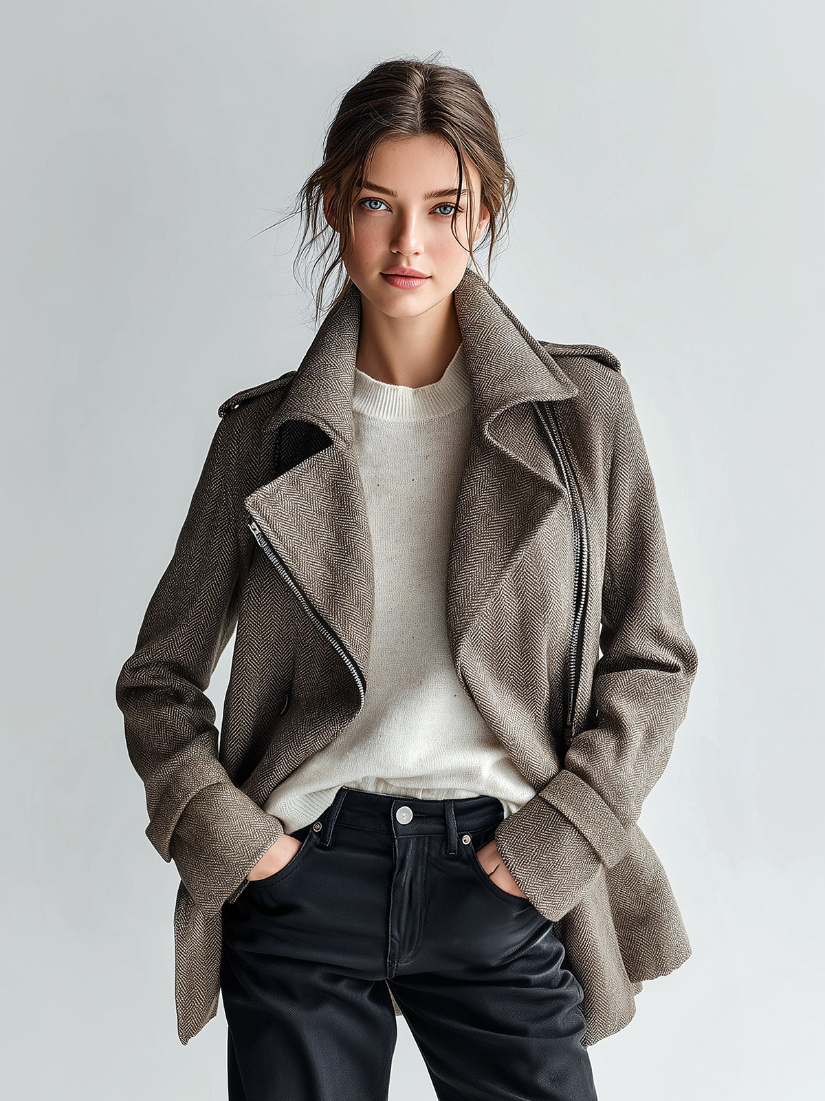 ElevenOra Vintage Casual Brown Herringbone Wool Blend Lapel Asymmetric Zip Biker Style Short Coat