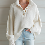 ElevenOra Chic Casual White Polo Collar Botton Loose Long-sleeved Knit Pullover Sweater