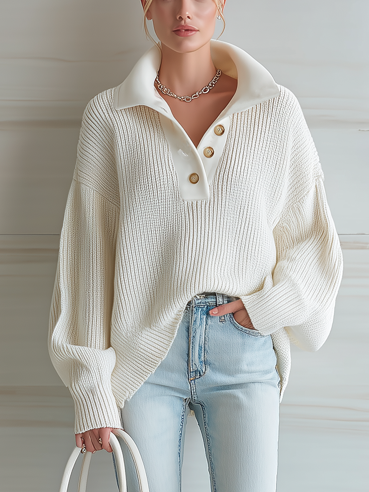 ElevenOra Chic Casual White Polo Collar Botton Loose Long-sleeved Knit Pullover Sweater